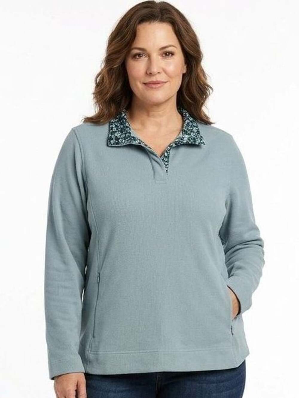 Orvis Floral Fleece Pullover Size XL Blue Long Sleeve Quarter Zip